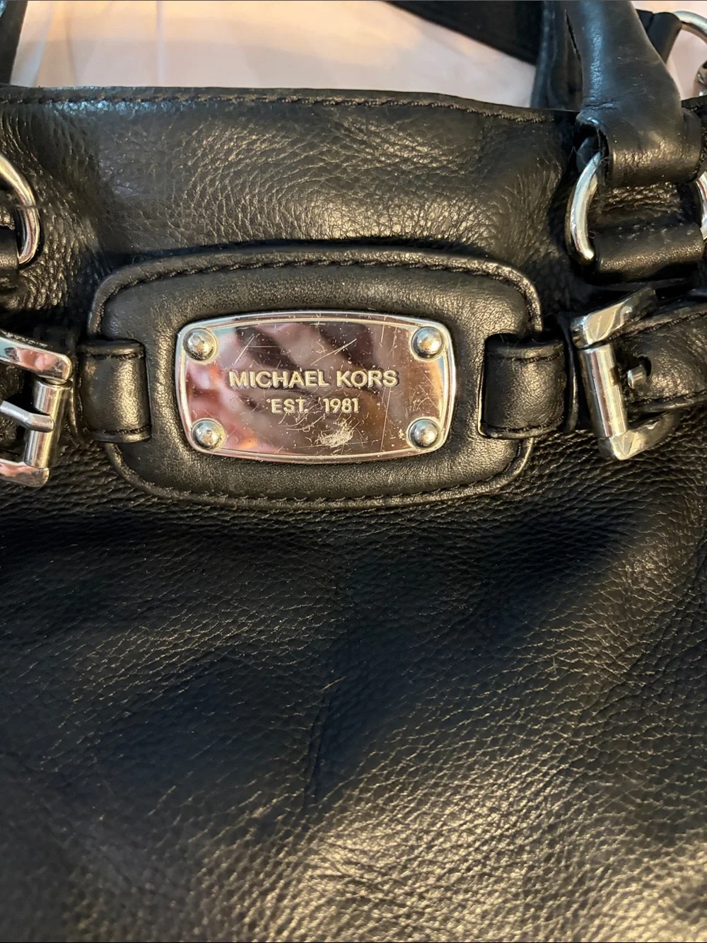 Michael Kors Black Leather Double-Handle Satchel with Silver Hardware